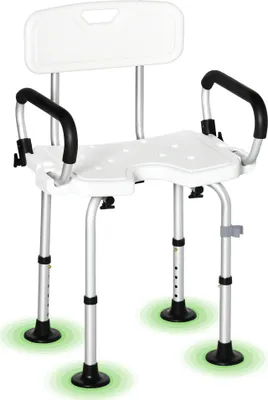 Image de HOMCOM Chaise de douche, tabouret de douche réglable en hauteur avec dossier et accoudoirs rabattables, assise U, pieds antidérapants à ventouses, pour personnes âgées et handicapées, alu HDPE, blanc