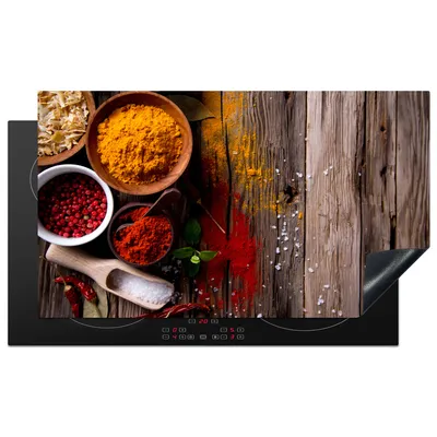 Produktbild von KitchenYeah© Herdabdeckplatte Kräuter - Gewürze - Holz - Löffel - Braun , 90x52cm, Küche Deko, Glaskeramikkochfeld Herdabdeckung, Abdeckplatte fùr Kochfeld