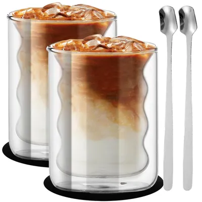 Produktbild von Latte Macchiato Gläser 2er Set 200ml Doppelwandig mit Löffeln & Untersetzern