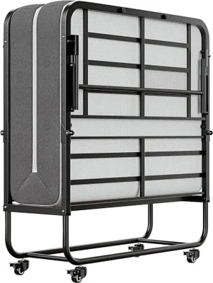 Obrázek produktu pro Skládací postel o rozměrech 191x97 cm s matrací z paměťové pěny o tloušťce 13 cm, skládací přistýlka pro dospělé, kovová skládací postel s kolečky, cestovní postel, stabilní konstrukce, nosnost až 200 kg