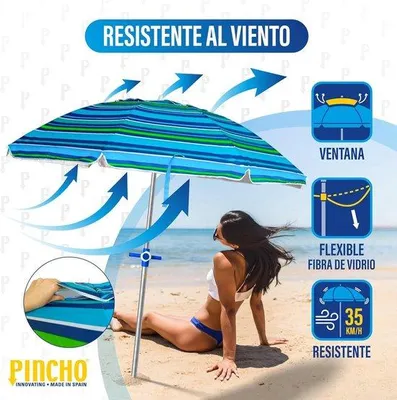 Image de Grand parasol de plage 200 cm, en aluminium, 8 baleines, résistant au vent jusqu'à 35 km/h, 16 kg