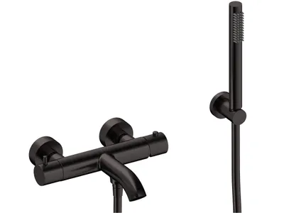 Produktbild von SANYCCES LOOP K Wannen & Brausebatterie mit Thermostat, mit Brausehalter, Handbrause & Brauseschlauch, schwarz metallisch