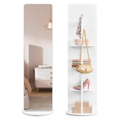Produktbild von SONGMICS Ganzkörperspiegel, Standspiegel, 360° drehbarer Spiegel, 163 x 45 cm, mit Sockel, Ablagen und Haken, klares Hartglas, für Schlafzimmer