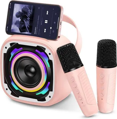 Produktbild von Mini Kinder Karaoke Set mit 2 Mikrofonen, tragbarer Bluetooth-Lautsprecher mit Telefonhalter/Dynamischem Licht/Stimmwechsel-Effekten, rosa