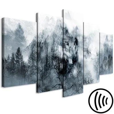 Produktbild von Akustikbild Wolf 200x100 cm Bilder Akustikschaum Hochleistungsschallabsorber Schallschutz Leinwand 5 tlg Wandbild Raumakustik Schalldämmung Wald g-A-0139-b-m