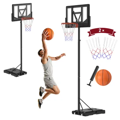 Image de Panier de basket autoportant, réglable en hauteur de 230 à 305 cm, comprenant un ballon de basket et une pompe à air, adapté aux adolescents et aux adultes.