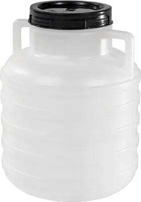 A white plastic barrel with a black lid and two handles.