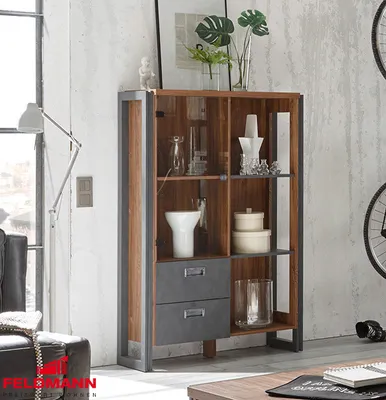 Productafbeelding van Hoge kast/commode Detroit, 2 deuren, Stirling eikenhout/grijs, 90 cm