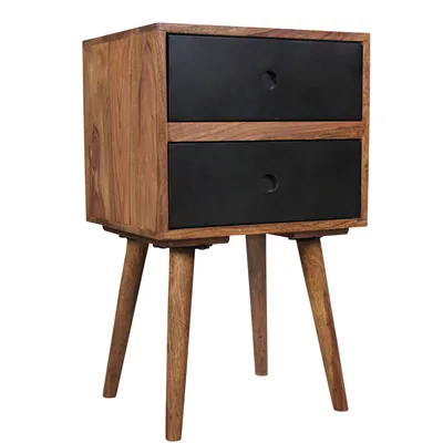 Produktbild von Retro Nachtkonsole REPA / Sheesham-Holz Nachttisch mit 2 Schubladen dunkelbraun / schwarz | Design Nachtkästchen 40 x 35 x 55 cm | Kleines Nachtschränkchen