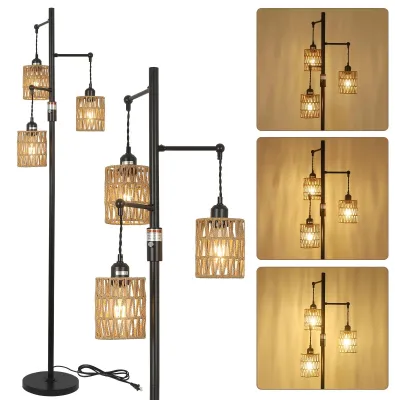 Image de Lampe sur pied en rotin dimmable avec 3 lumières - Style boho pour le salon
