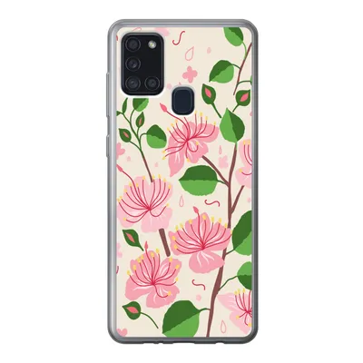 Produktbild von MuchoWow® Handyhülle Schutzhülle Hülle für Samsung Galaxy A21s Blume - Rosa - Blatt - Muster Silikon Softcase Handy Hülle - Hartschale