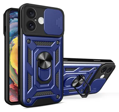 Produktbild von MobyDefend Hülle für iPhone 17 - Panzerhülle mit drehbarem Ring und Standfunktion - Blau