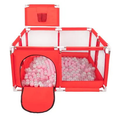 Obrázok produktu pre Detská ohrádka Selonis s košom a 100 loptičkami, červená: Powder Pink/Pearl/Transparent