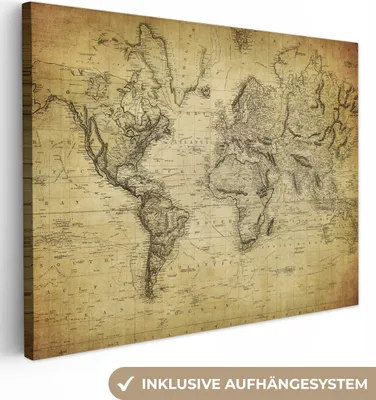 Obrázek produktu pro OneMillionCanvasses® - Obrazy na plátně - Mapa světa - Vintage - Starožitný - Hnědý - Papír, Nástěnný obraz, Nástěnná dekorace Obývací pokoj, 120x90cm