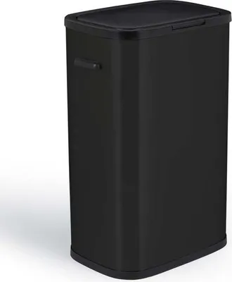 A black trash can with a lid and a handle on a white background.