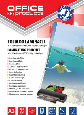 Produktbild von OFFICE PRODUCTS Laminierfolie A3 2x80 µm glänzend 100 Stück transparent
