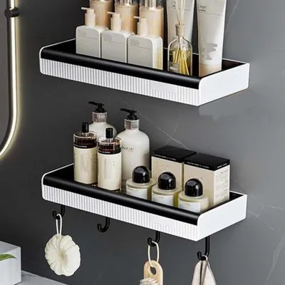 Produktbild von Badezimmerregal Set mit Haken - Selbstklebend, ohne Bohren, für Küche und Bad