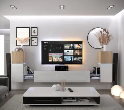 Produktbild von Furnitech Wohnwand Wohnzimmer - Wohnzimmer Möbel mit LED Weiß - Hängend Wohnwand Modern - Regale und TV Schrank (AN104-21SW-HGM14-1A)