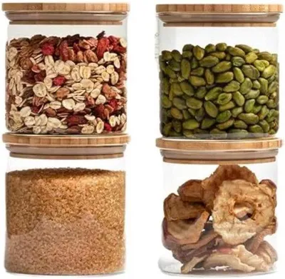 Image de Pot à provisions en verre avec couvercle en bambou - lot de 4 (500 ml)