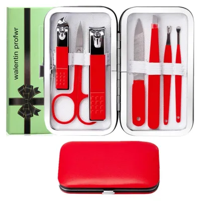 Immagine prodotto di Kit per manicure, 8 pezzi, colore rosso, con valigetta da viaggio, per uomo e donna