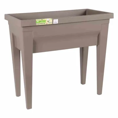 A taupe raised garden bed with four legs, shown against a white background.