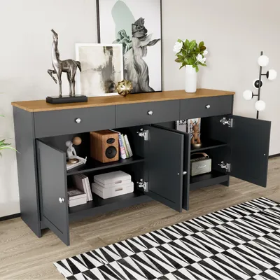 Produktbild von okwish Kommode Sideboard mit viel Stauraum, Schrank mit 4 Türen und 3 Schubladen, Schubladenschrank Anrichte für Wohnzimmer,160*37*75 cm,Holzfarbe und Grauschwarz