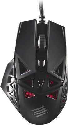 A black gaming mouse is shown from a top-down perspective against a white background.