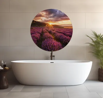 Produktbild von Wallario wasserfestes Poster selbstklebend 90 x 90 cm, Lavendelfeld bei Sonnenuntergang - Sonnenstrahlen, Badezimmerposter Spritzschutz mit Hochglanzoberfläche in Glasoptik