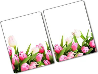 Produktbild von Tulup Glas Herdabdeckplatte - 2x40x52 cm - Glaskeramikkochfeld-Abdeckung Spritzschutz Glasabdeckplatte Kochplattenabdeckung und Schneidebrett - Zweiteilig - Blumen & Pflanzen - Rosa Tulpen - Rosa