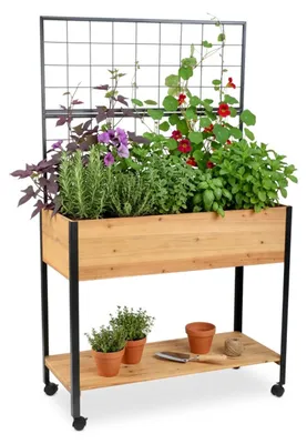 Produktbild von Relaxdays Hochbeet mit Rankgitter, Ablagefach, Rollen, HxBxT 165x102x47,5 cm, Holz, Stahl, Tischbeet, natur/schwarz