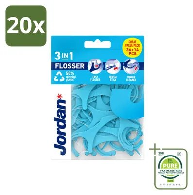 Produktbild von 20 x Jordan 3-in-1 Flosser - Zahnseide, Zahnstocher und Zungenreiniger - Großpackung - 20 Stücke