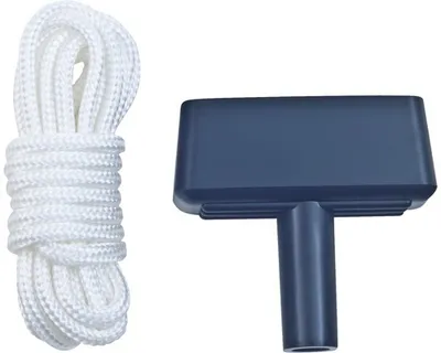 A white rope coiled on the left and a blue starter handle on the right, both on a white background.