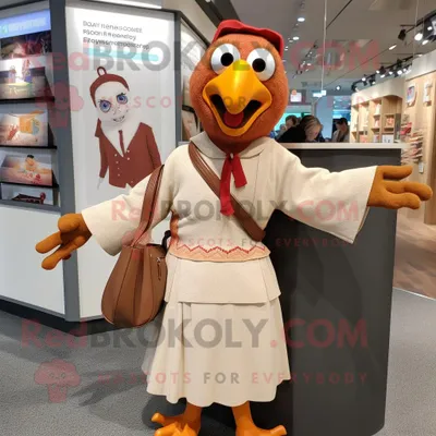 Produktbild von Tan-Tandoori-Huhn REDBROKOLY Maskottchen kostüm gekleidet mit Strickjacke und Handtaschen
