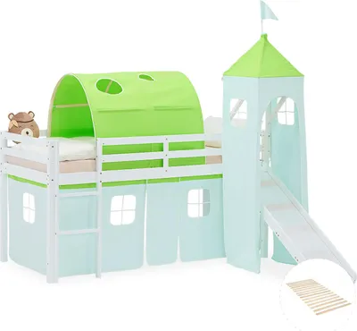 Image de Lit superposé 90x200 cm avec Toboggan Sommier Lit mezzanine en Bois Pin Massif Lit d'enfant Rideau Tour Tunnel Vert