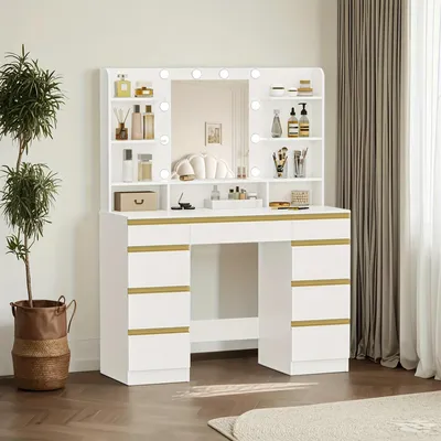 Image de Table de maquillage - Commode - Meuble à bijoux - Table de beauté - Blanc - Éclairage LED avec 3 couleurs