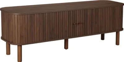 A dark wood effect TV cabinet with two doors and four legs, presented against a white background.