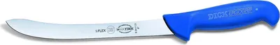 A professional studio shot of a blue-handled filleting knife against a white background.