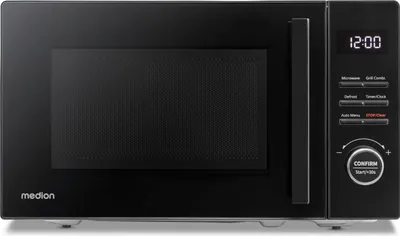 A black Medion microwave oven is shown from the front on a white background.