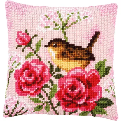 Produktbild von Vervaco Kreuzstichkissen "Vogel unter Rosen", Stickbild vorgezeichnet, 40x40cm