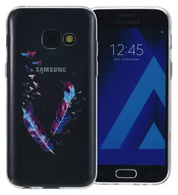 A Samsung Galaxy J5 2016 phone case with a feather and bird design is shown next to the phone itself.