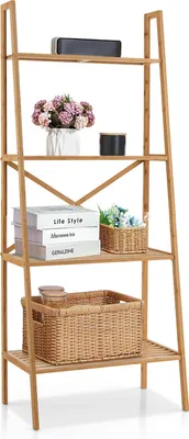 A four-tier bamboo ladder shelf displaying decorative items and books.