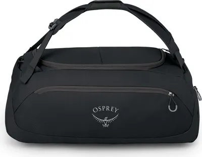 A black Osprey duffel bag is shown against a white background.
