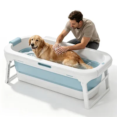 Zdjęcie produktu dla ROSEJANE Składana wanna, 143 x 62 x 53 cm, wolnostojąca wanna z pokrywą, oszczędzająca miejsce dzięki możliwości składania, ukryty uchwyt do przenoszenia, wykonana z PP + TPE, kolor niebiesko-biały, 8 rolek masujących