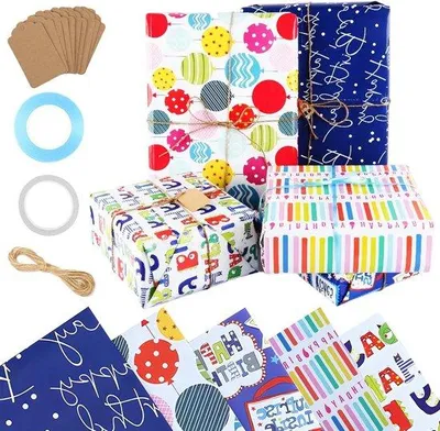 Image de Lot de 5 motifs de papier cadeau 10 x 50 cm pour les anniversaires d'enfants