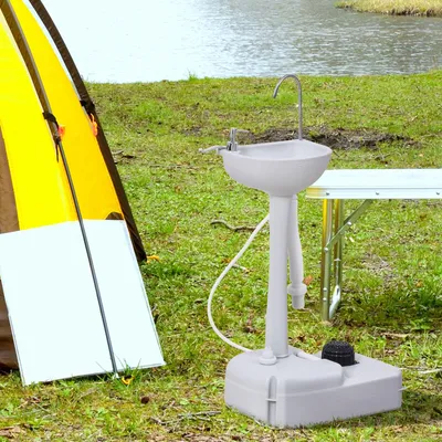 Produktbild von Mobiles Waschbecken Camping mit Fußpumpe, Handwaschbecken tragbar, HDPE Kunststoff, Hellgrau | 51 x 33,5 x 103 cm | 17 L Wassertank | mit Rädern