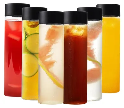 Produktbild von 6 wiederverwendbare Kunststoff-Smoothieflaschen, 400 ml, mit schwarzem Deckel