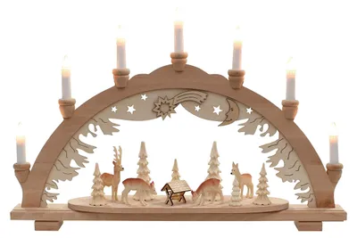 Holz-Lichtbogen, 7 Flammen, Hirsch-Motiv, 57x9x38 cm