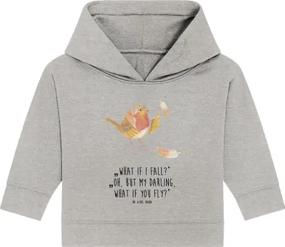 Produktbild von Mr. & Mrs. Panda Organic Baby Hoodie Rotkehlchen Federn 24. - 36. Monat - Heather Grey - Geschenk, Lustige Sprüche, Motivation, Spruch, fliegen, Mut, Vogel, Kapuzenshirt