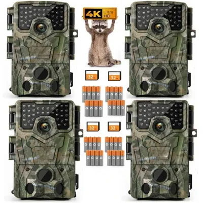 Image de Caméra de chasse 4K Caméra pour animaux sauvages 48 MP Full HD avec détecteur de mouvement, vision nocturne, temps de déclenchement de 0,3 s, infrarouge, carte de 32 Go, lot de 4