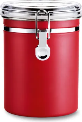 A red metal storage container with a clear lid and a silver clasp.